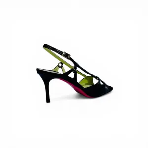Vista laterale del sandalo Talitha Black in pelle effetto lucertola con anellini e tacco stiletto Made in Italy